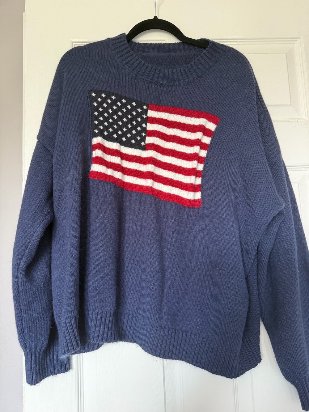 Amazon Navy Crewneck Sweater with Red, White & Blue Flag Intarsia